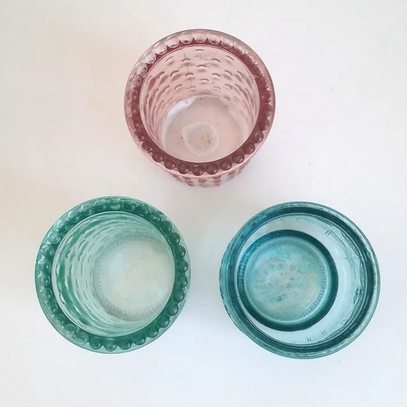 Vintage Shabby Chic Pink Sea Green and Aqua Blue Candle Glass Votives Set of 3 - Picture 6 of 11